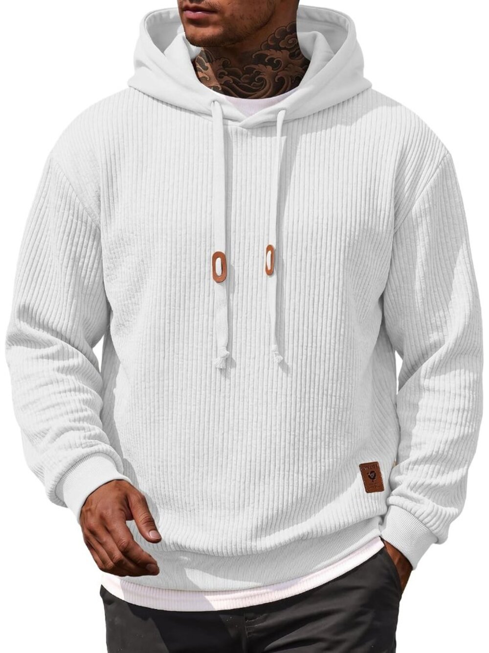 Coofandy Men's White Long Sleeve Adjustable Drawstring Pullover Hoodies